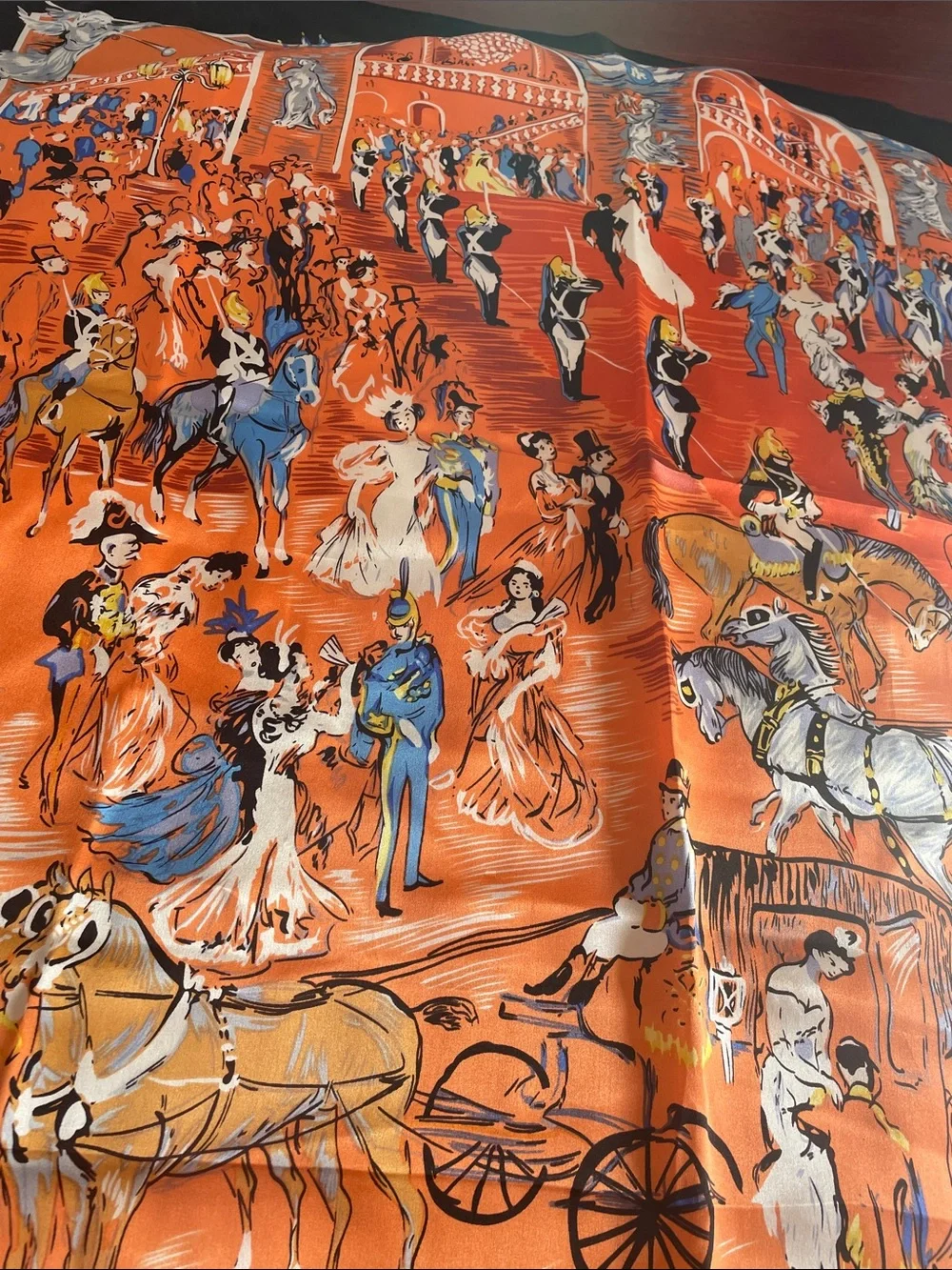 Orange Illustrated Ballroom Scene Silk Scarf